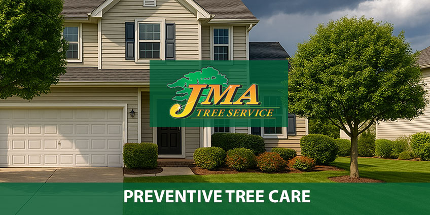 suburban home with neatly pruned trees, storm clouds in the distance, bright yard, safe and well-maintained property